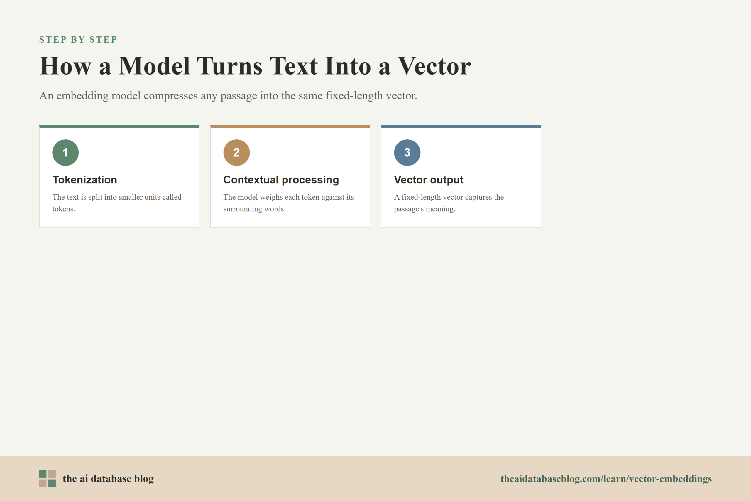 How a Model Turns Text Into a Vector: 3-step diagram — Tokenization, Contextual processing, Vector output.
