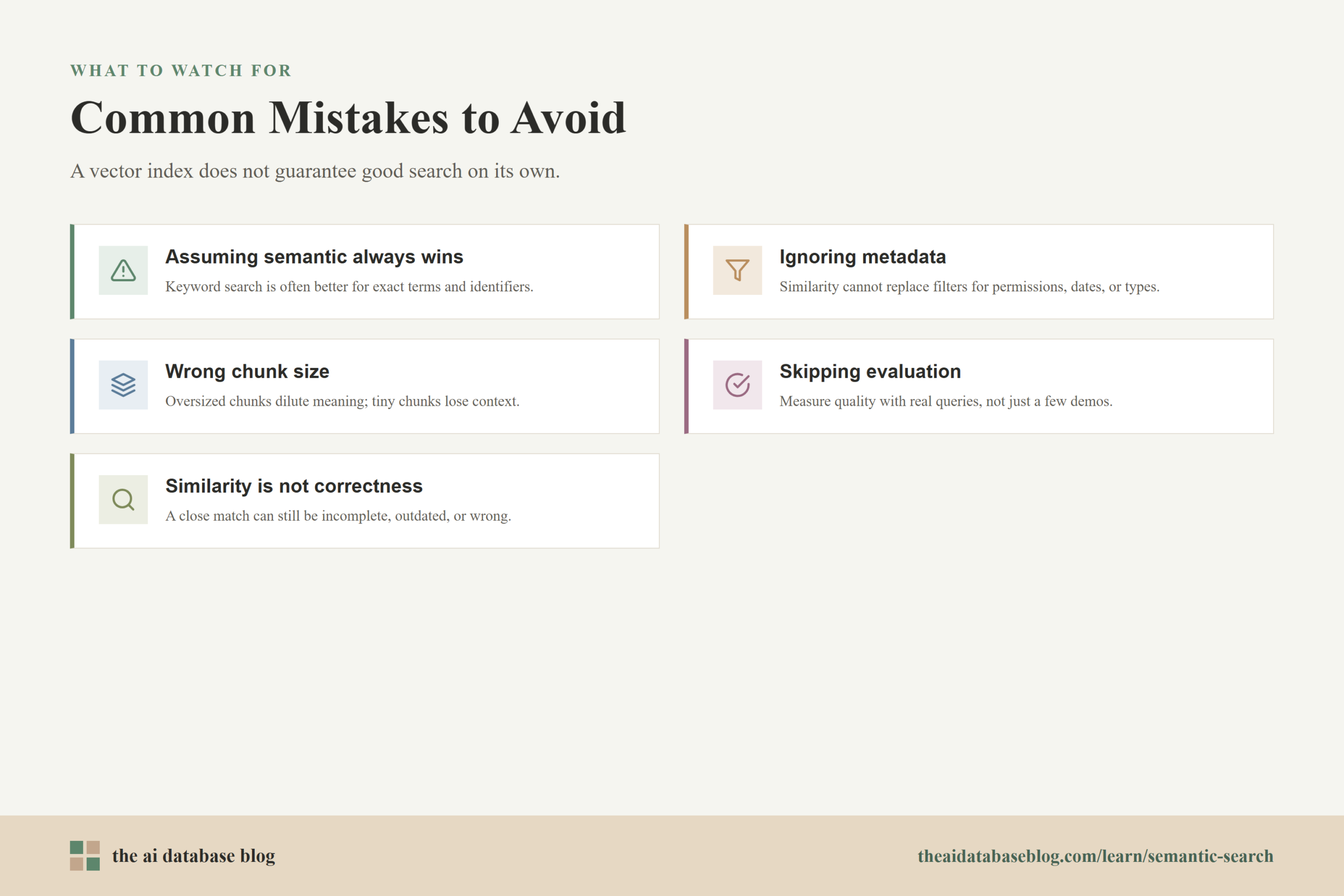 Common Mistakes to Avoid: Assuming semantic always wins, Ignoring metadata, Wrong chunk size, Skipping evaluation, Similarity is not correctness.