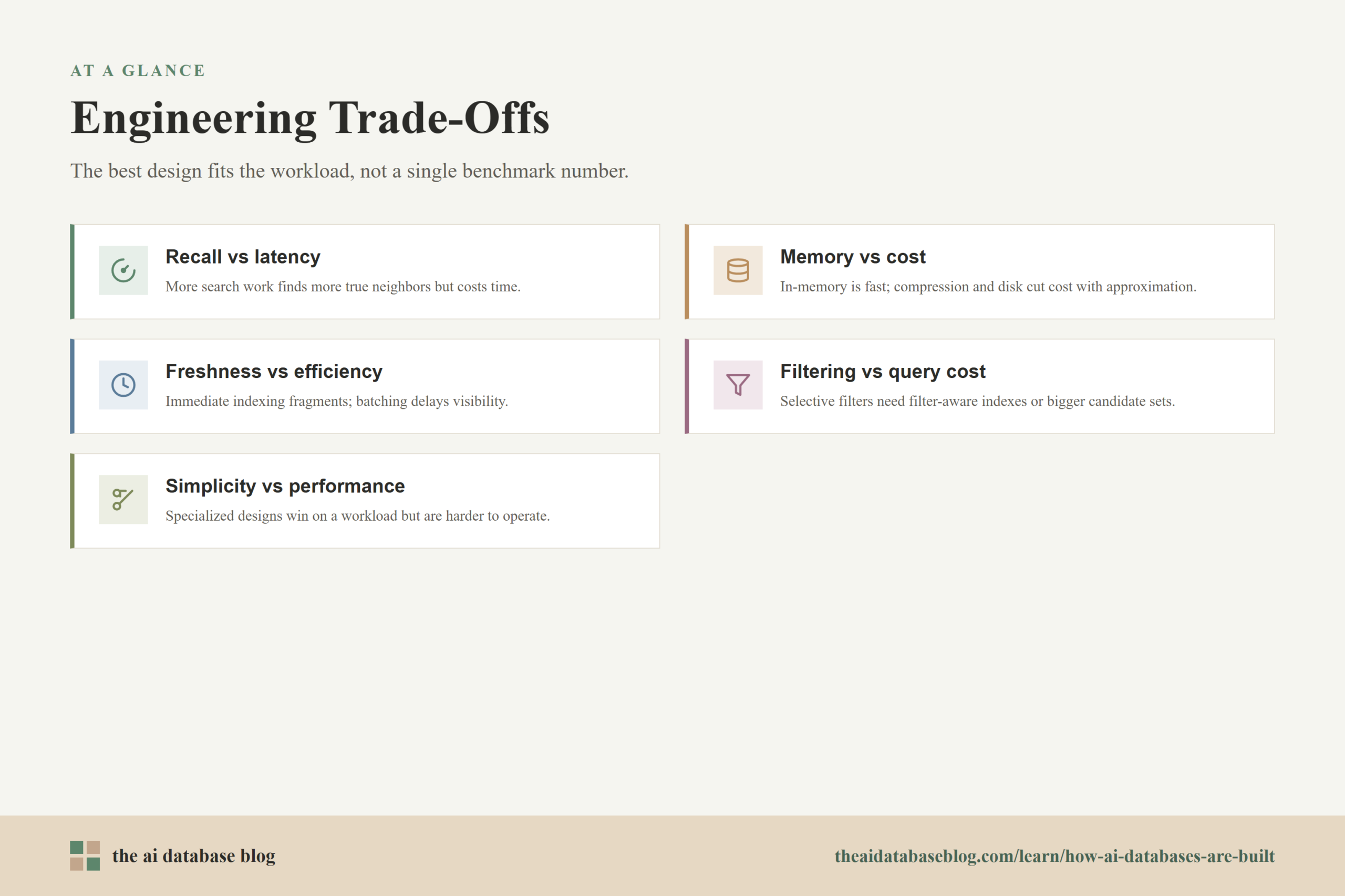 Engineering Trade-Offs: Recall vs latency, Memory vs cost, Freshness vs efficiency, Filtering vs query cost, Simplicity vs performance.