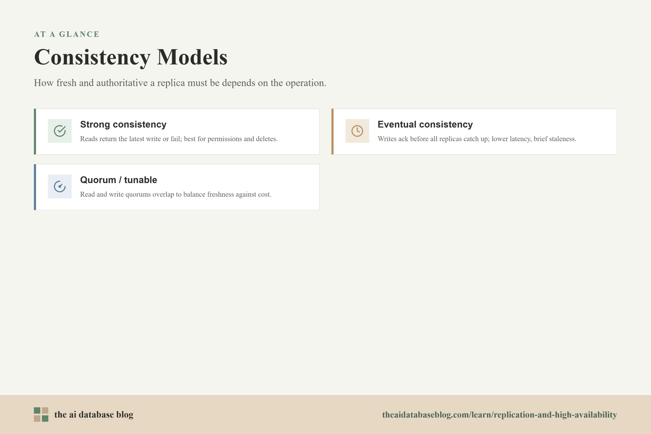 Consistency Models: Strong consistency, Eventual consistency, Quorum / tunable.