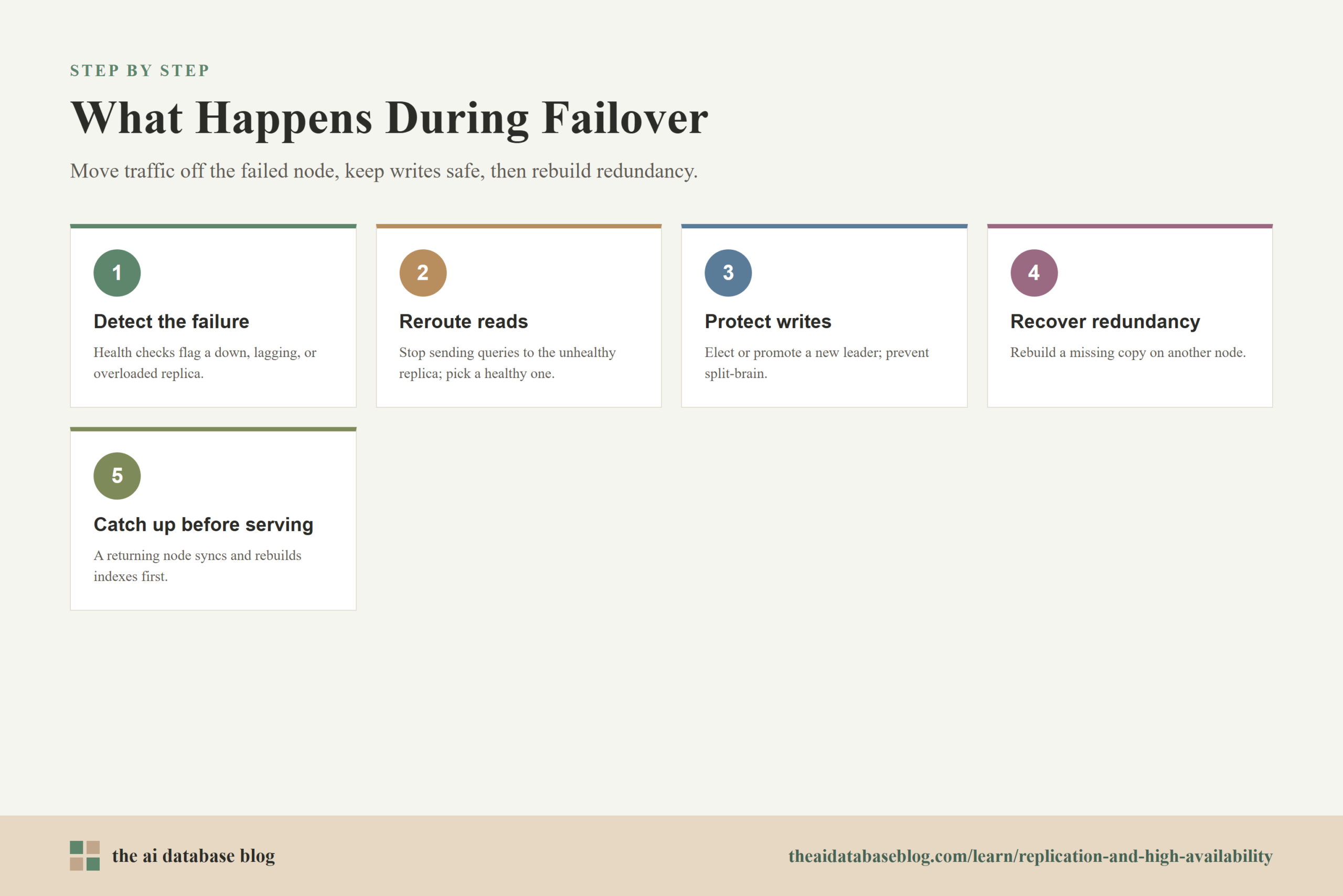 What Happens During Failover: 5-step diagram — Detect the failure, Reroute reads, Protect writes, Recover redundancy, Catch up before serving.