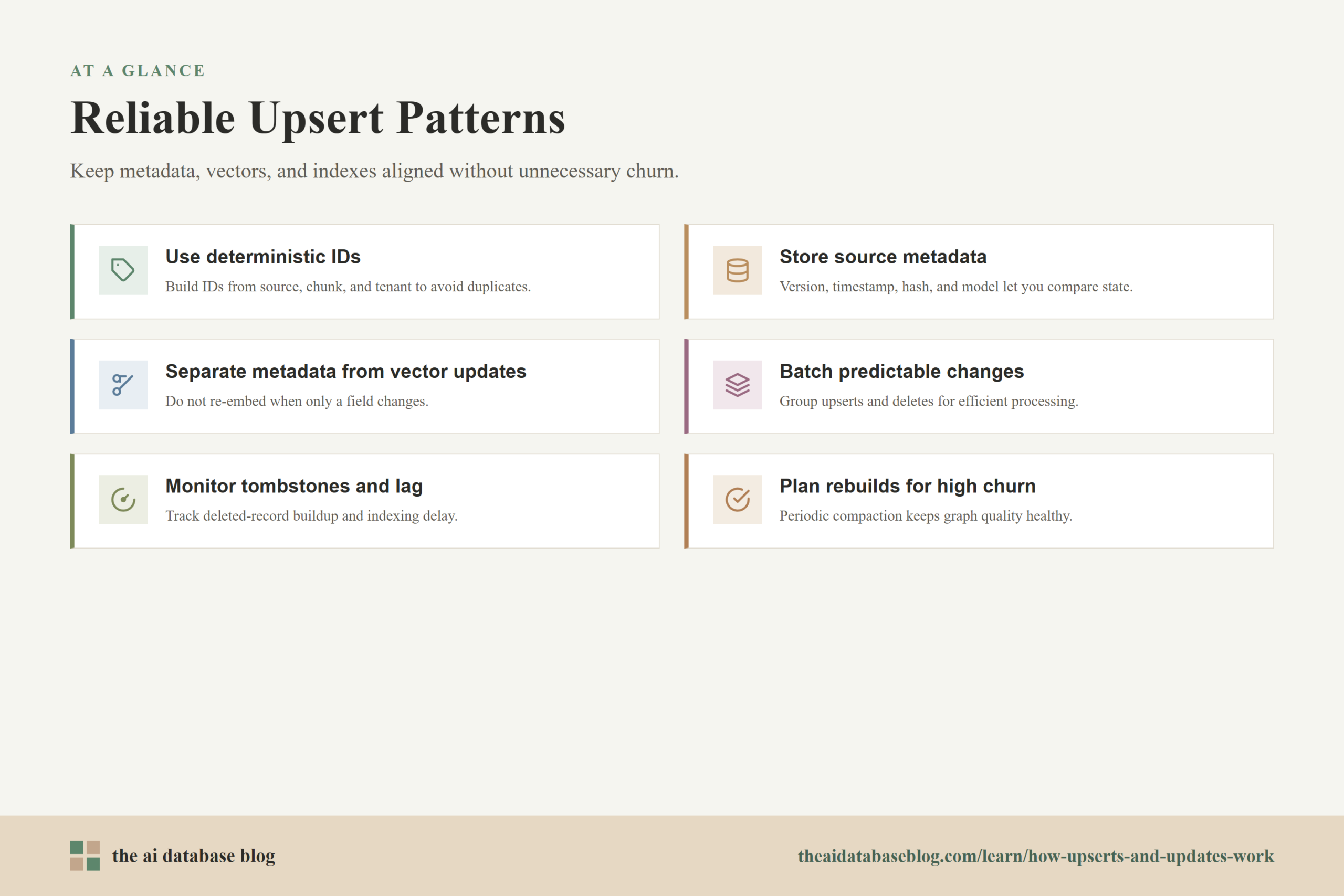 Reliable Upsert Patterns: Use deterministic IDs, Store source metadata, Separate metadata from vector updates, Batch predictable changes, Monitor tombstones and lag, Plan rebuilds for high churn.