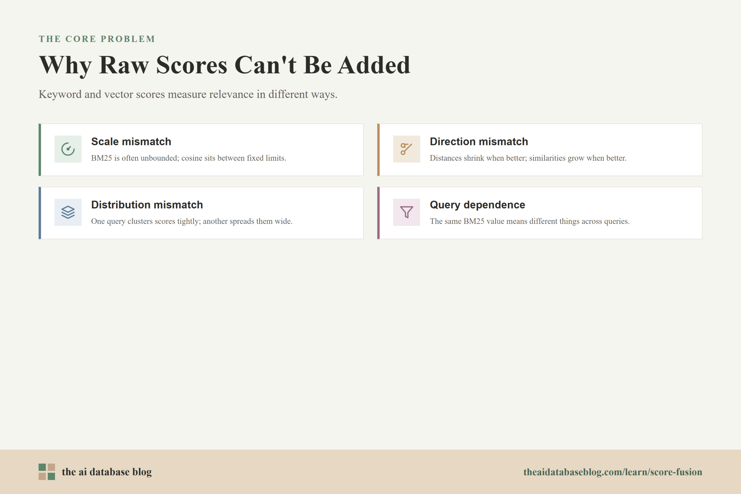 Why Raw Scores Can't Be Added: Scale mismatch, Direction mismatch, Distribution mismatch, Query dependence.