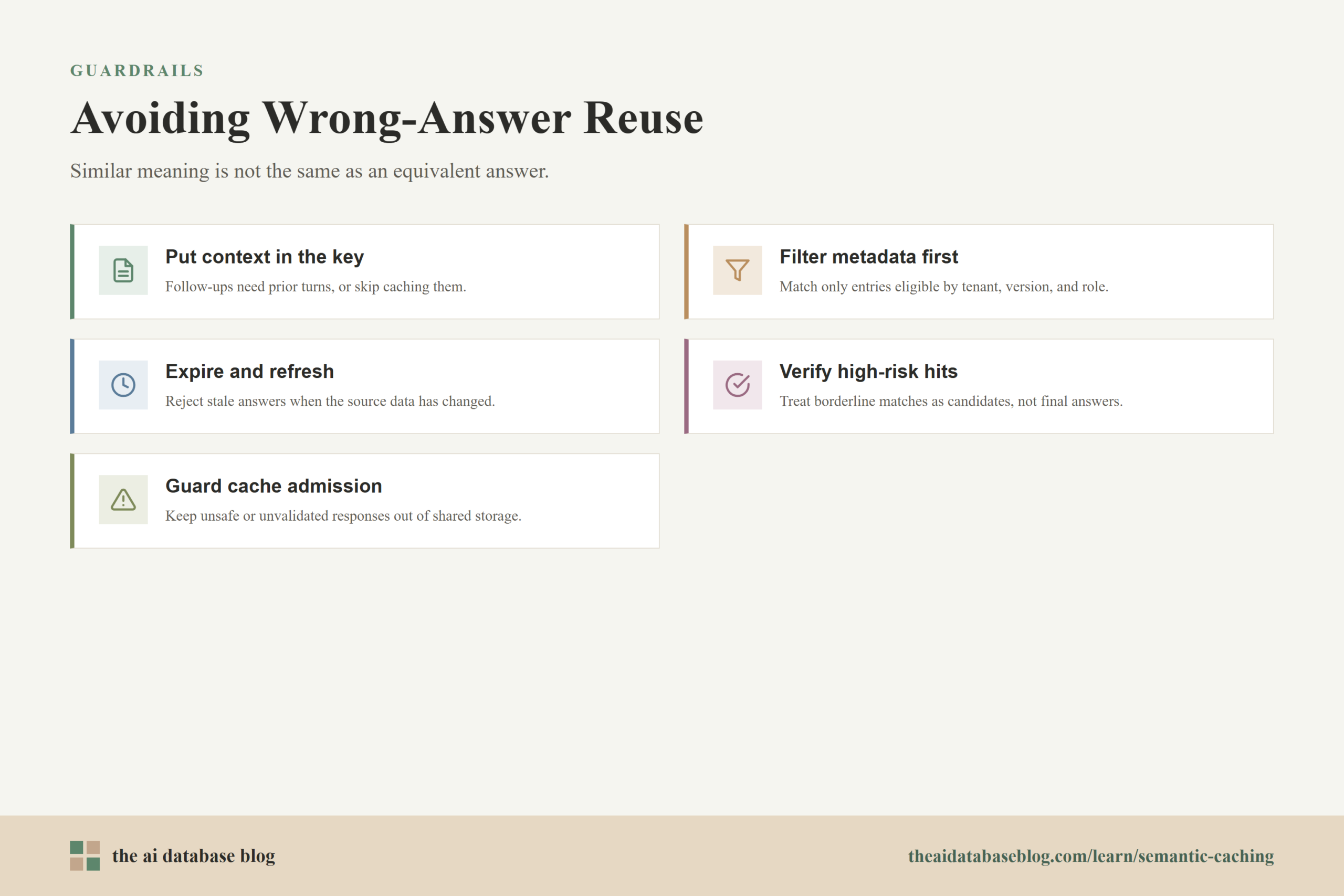 Avoiding Wrong-Answer Reuse: Put context in the key, Filter metadata first, Expire and refresh, Verify high-risk hits, Guard cache admission.