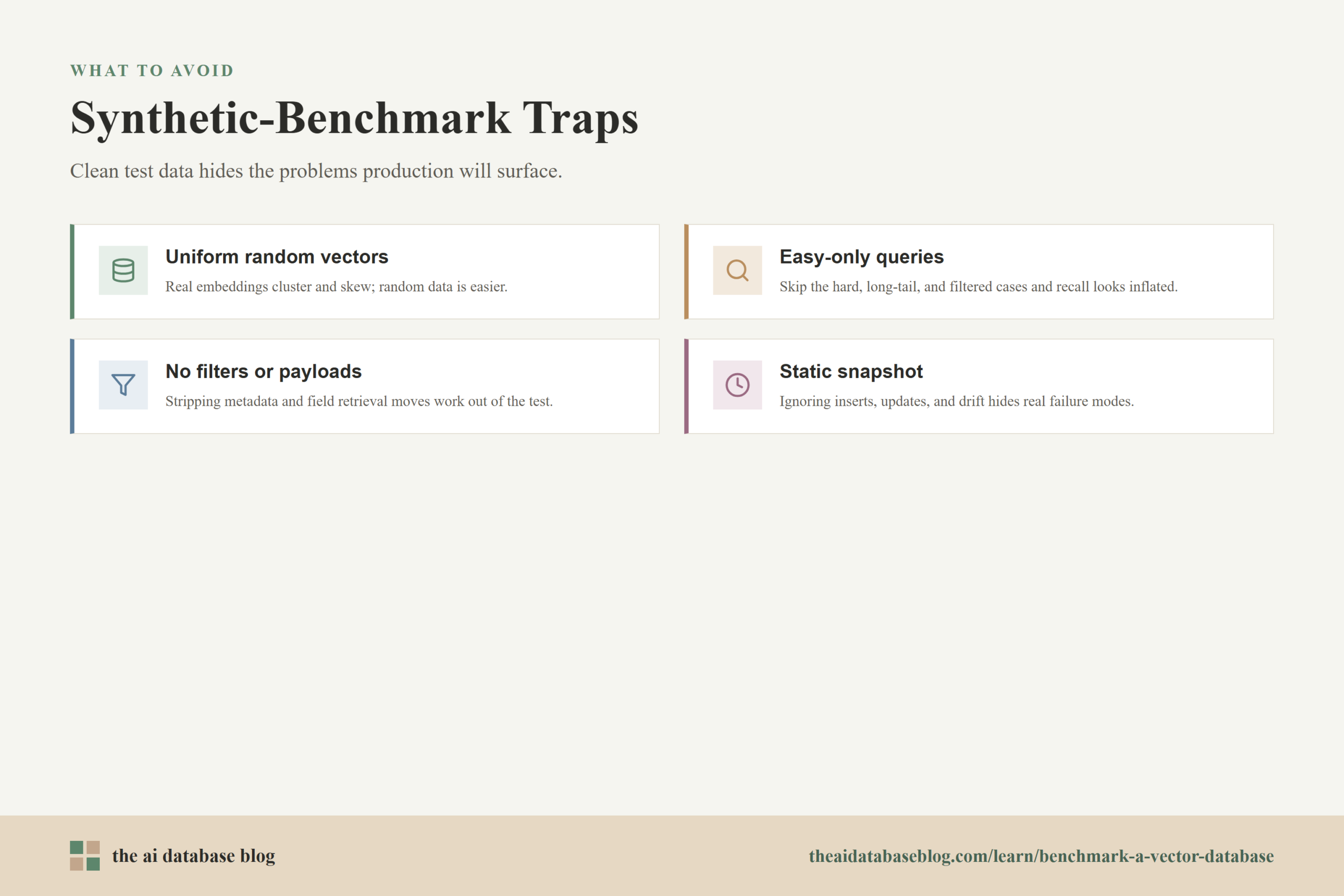 Synthetic-Benchmark Traps: Uniform random vectors, Easy-only queries, No filters or payloads, Static snapshot.