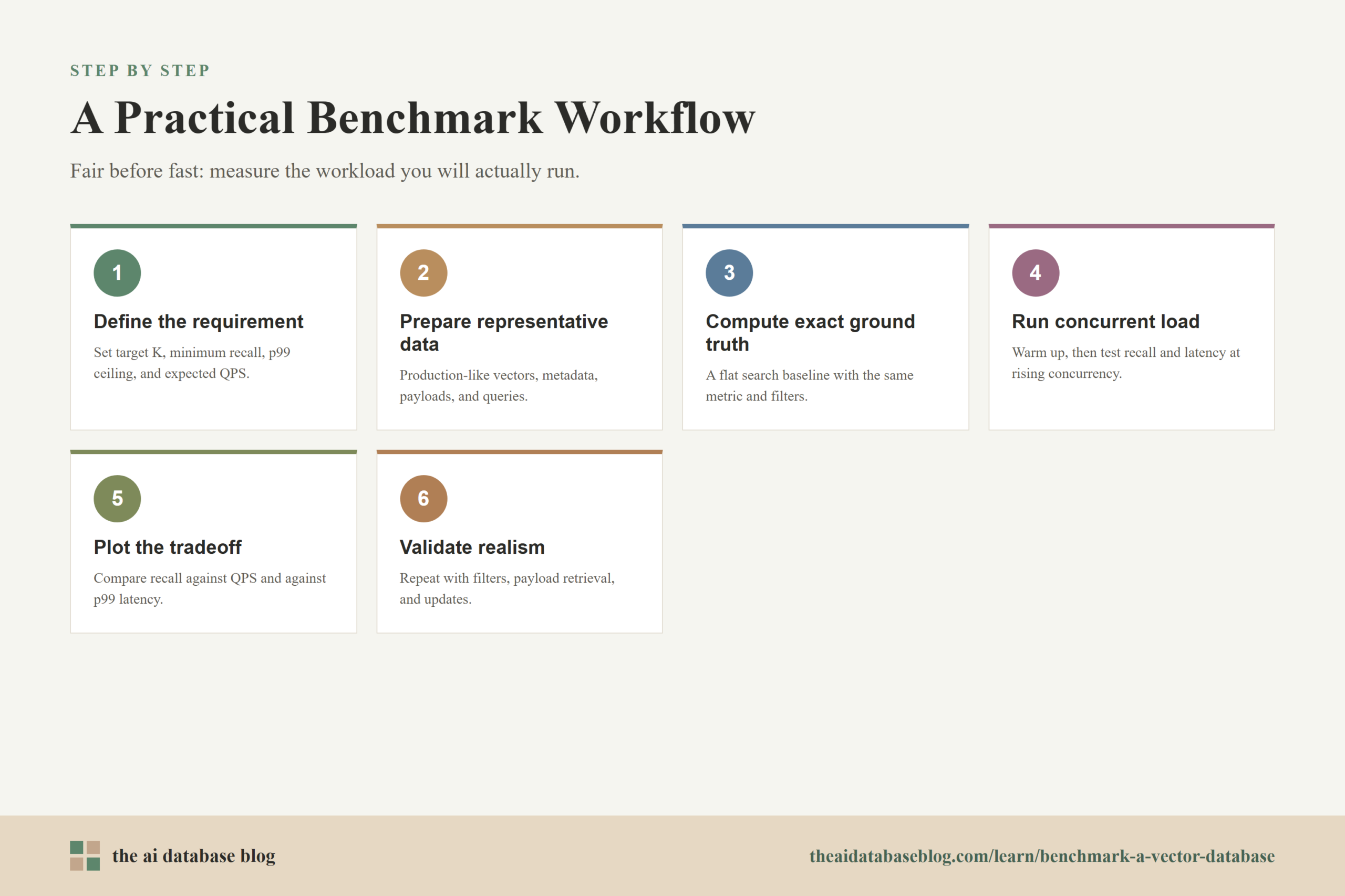 A Practical Benchmark Workflow: 6-step diagram — Define the requirement, Prepare representative data, Compute exact ground truth, Run concurrent load, Plot the tradeoff, Validate realism.